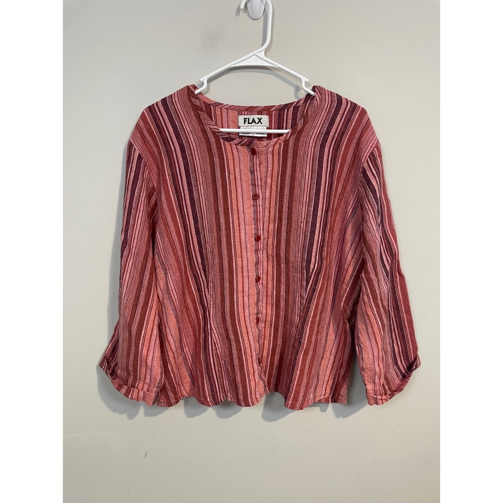 Flax Striped Button-Down Linen Blend Top in Red and Pink Tones